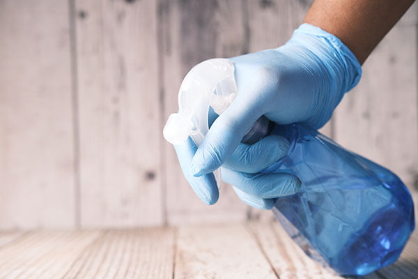 hand in blue rubber gloves holding spray bottle .